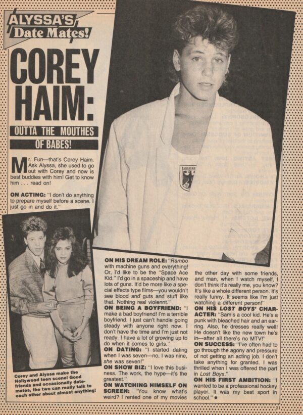 Corey Haim Brian Bloom teen magazine clipping Alyssa Milano date mates