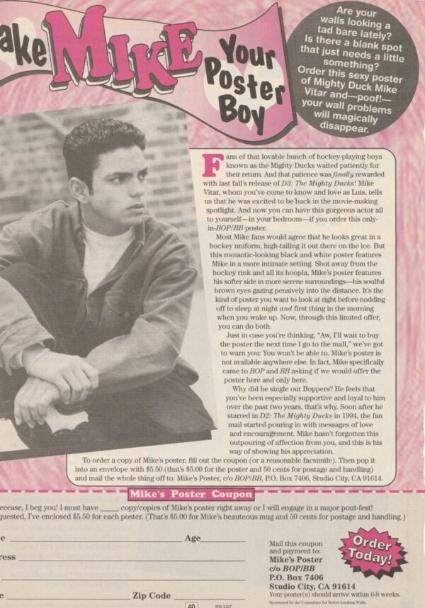 Mike Vitar teen magazine clipping your poster boy