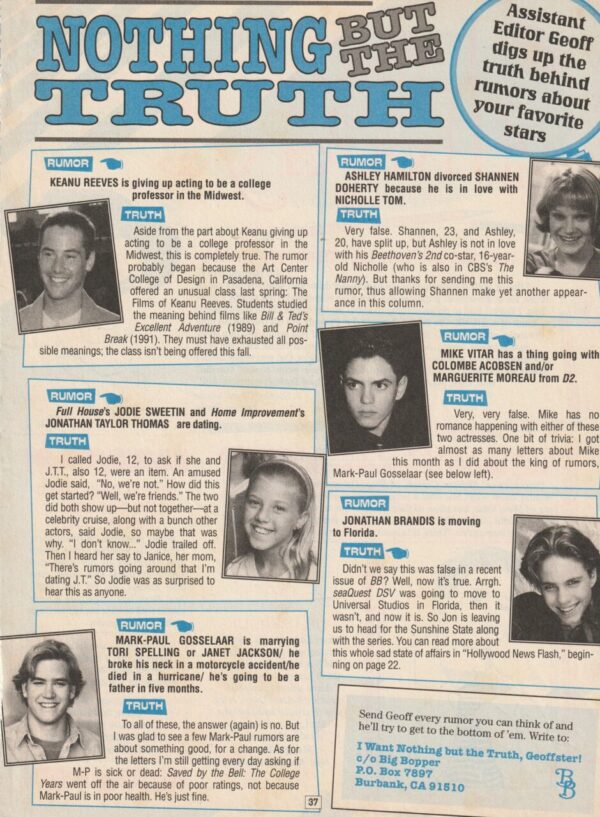 Mike Vitar Jonathan Brandis Jodie Sweetin teen magazine clipping Nothing but the truth