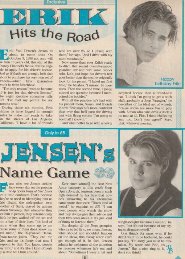 Jensen Ackles Erik Von Detten teen magazine pinup clipping Name Game Bop pix