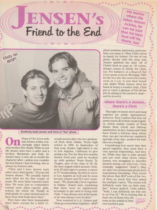 Jensen Ackles teen magazine pinup clipping Friends to the end Bop pix