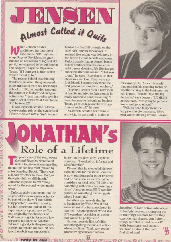 Jensen Ackles Jonathan Bouck teen magazine pinup clipping Almost called it quits Bop pix