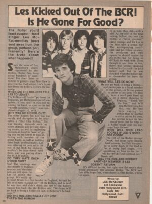 Bay City Rollers teen magazine pinup clipping Les kicked out of BCR