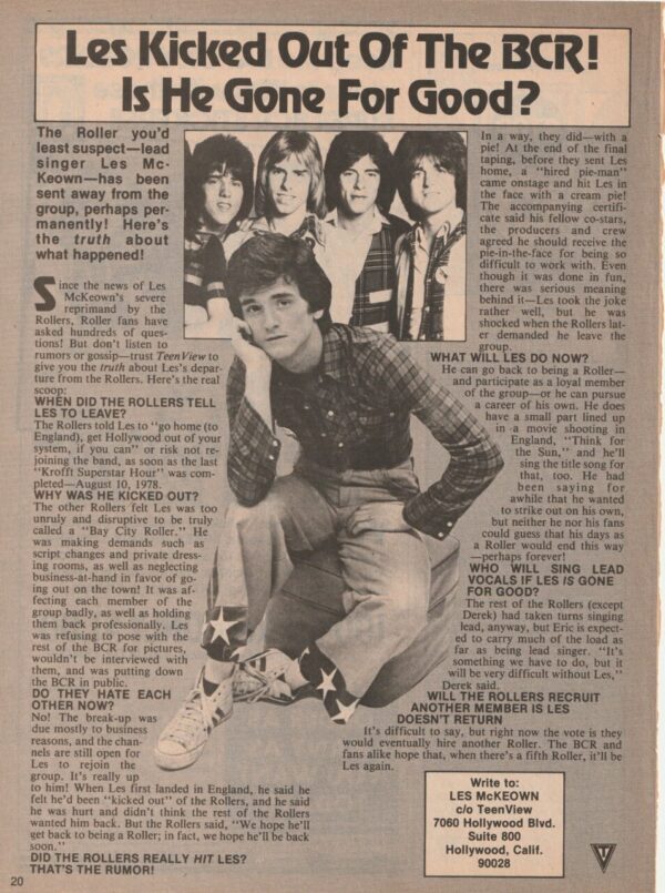 Bay City Rollers teen magazine pinup clipping Les kicked out of BCR