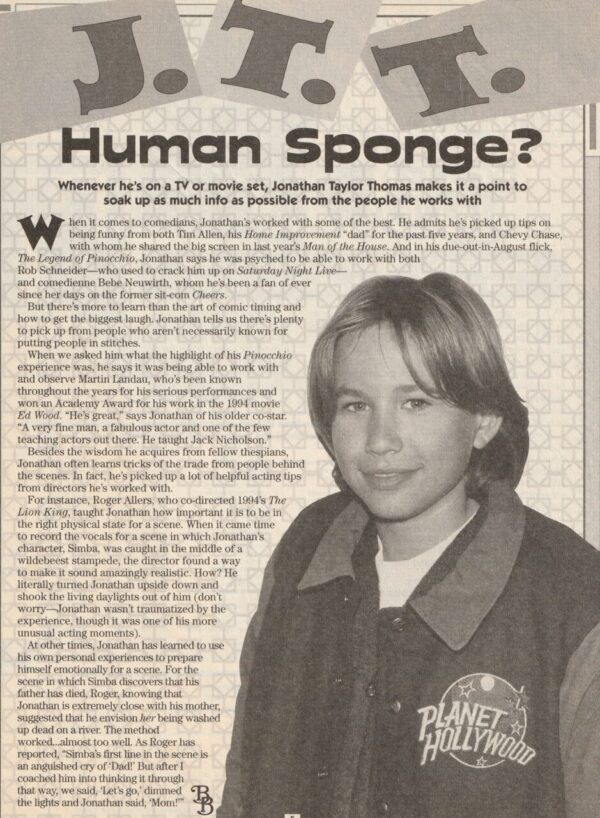 Jonathan Taylor Thomas teen magazine clipping Human Sponge BB
