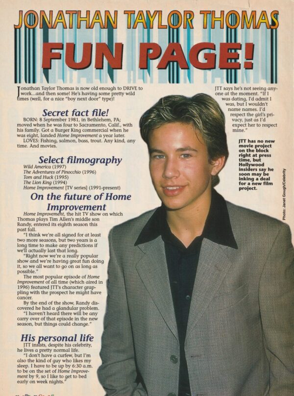 Jonathan Taylor Thomas teen magazine pinup clipping Fun Page Teen Dream rare