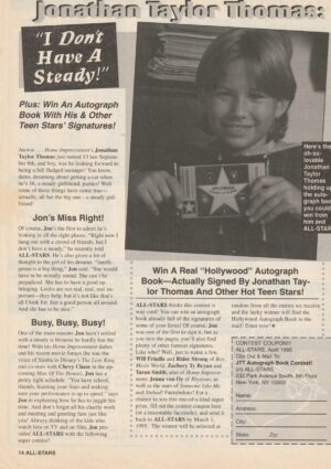 Jonathan Taylor Thomas teen magazine clipping I don't have a steady All-Stars Girlfriend