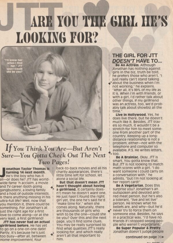 Jonathan Taylor Thomas teen magazine clipping are you the girl he's looking for All-Stars pix