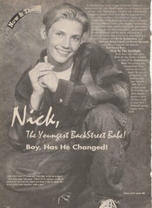 Nick Carter Backstreet Boys teen magazine pinup squatting age 17 black and white Superteen