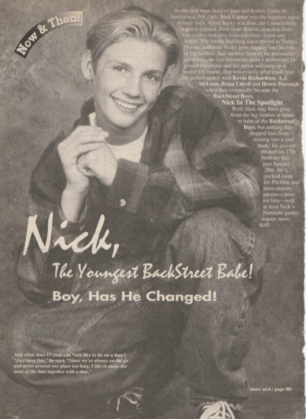 Nick Carter Backstreet Boys teen magazine pinup squatting age 17 black and white Superteen