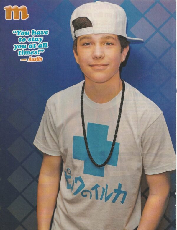 Austin Mahone teen magazine pinup clipping white hat M white blue shirt