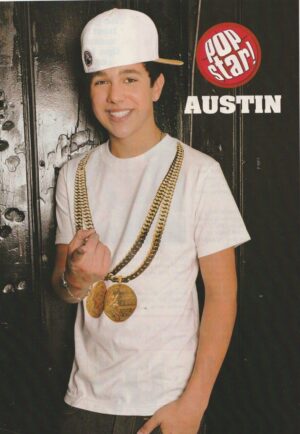 Austin Mahone teen magazine pinup white hat gold necklace Pop child star