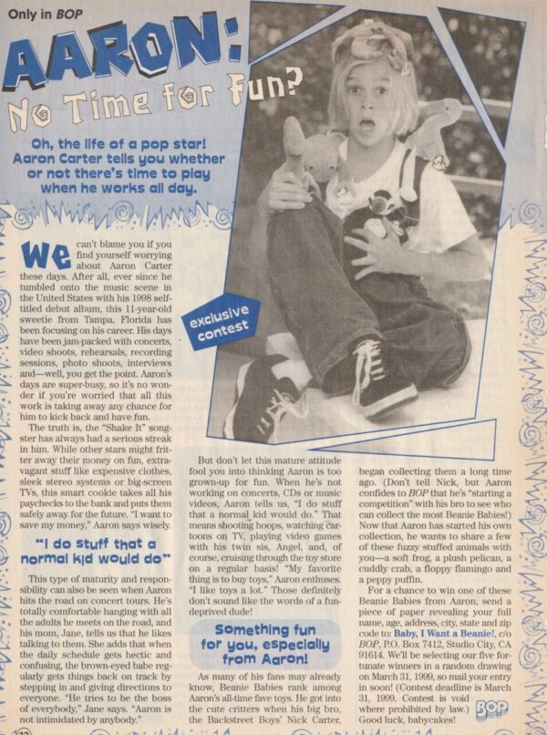 Aaron Carter teen magazine clipping No Time for Fun overalls Bop RIP