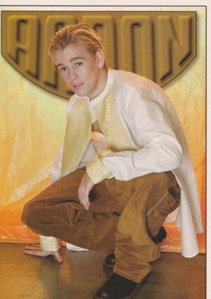 Aaron Carter teen magazine pinup clipping squatting brown pants white shirt sexy pose