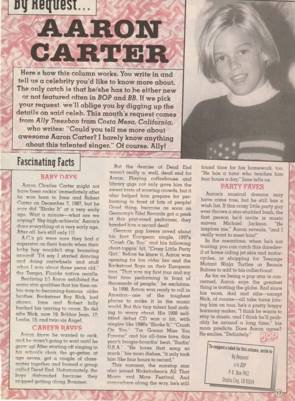 Aaron Carter teen magazine clipping By request Bop young pix