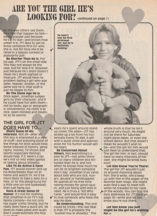 Jonathan Taylor Thomas teen magazine clipping are you the girl he's looking for All-Stars pix - Image 2