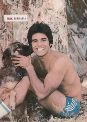 Erik Estrada teen magazine pinup clipping vintage shirtless blue shorts pix dog