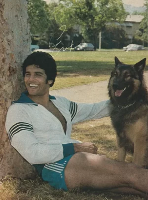 Erik Estrada teen magazine pinup clipping vintage blue shorts pix dog tree