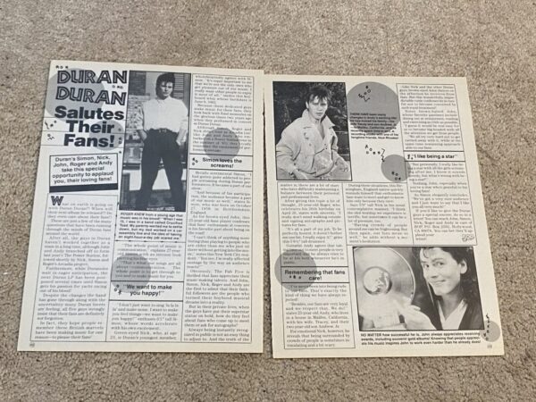 Duran Duran John Taylor teen magazine pinup clipping Salues their fans Bop pix