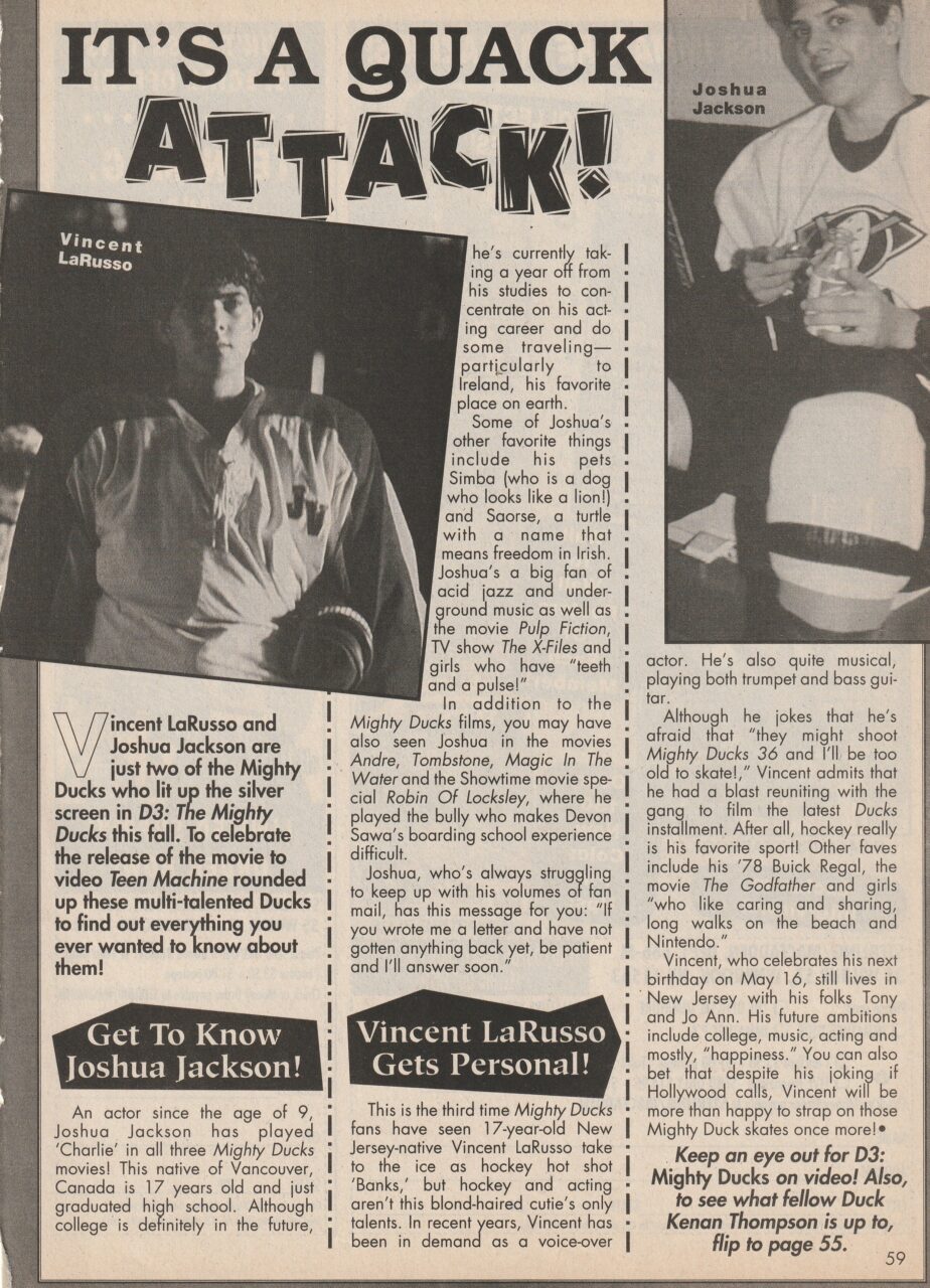 Joshua Jackson Vincent Larusso teen magazine clipping Might Ducks Teen Machine 90's