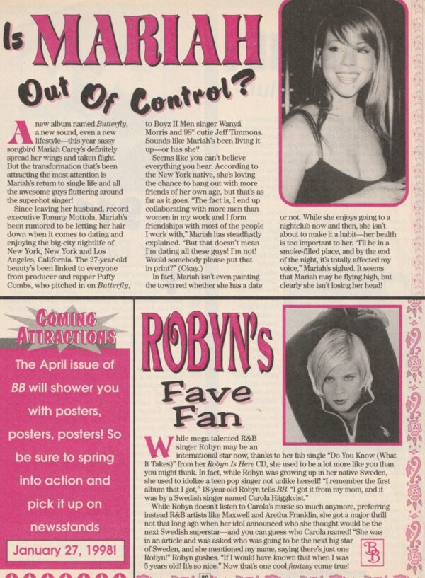 Mariah Carey teen magazine clipping out of control BB Bop pix