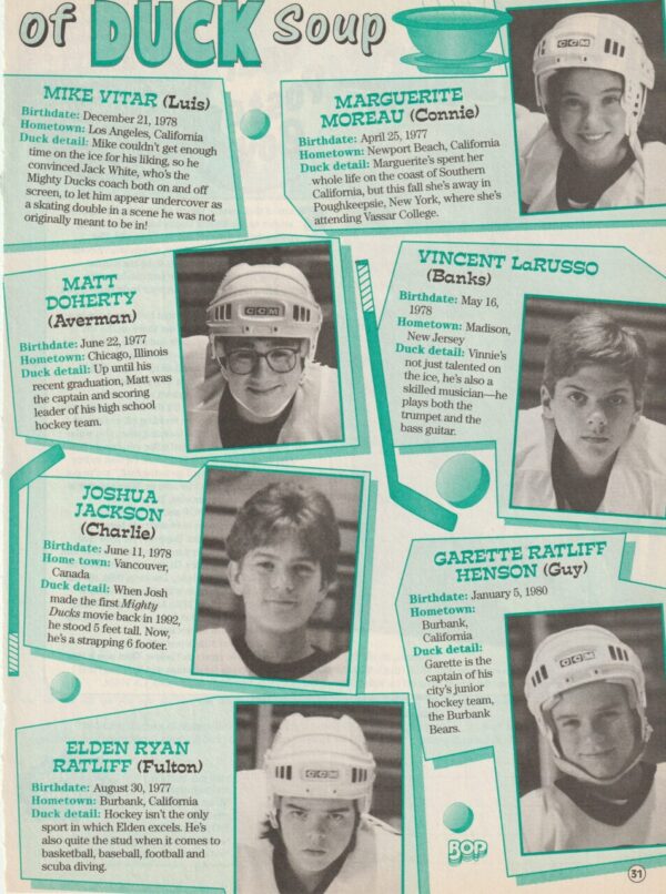 Joshua Jackson Vincent Larusso Elden Ryan Ratliff Garette Ratliff Henson teen magazine pinup clipping Mighty Ducks