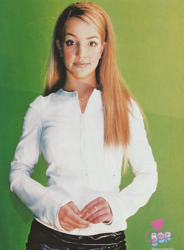Britney Spears Nsync teen magazine pinup clipping black leather pants white shirt green background pix Bop