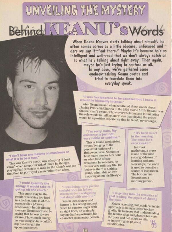 Keanu Reeves teen magazine clipping Behind Keanu words BB pix