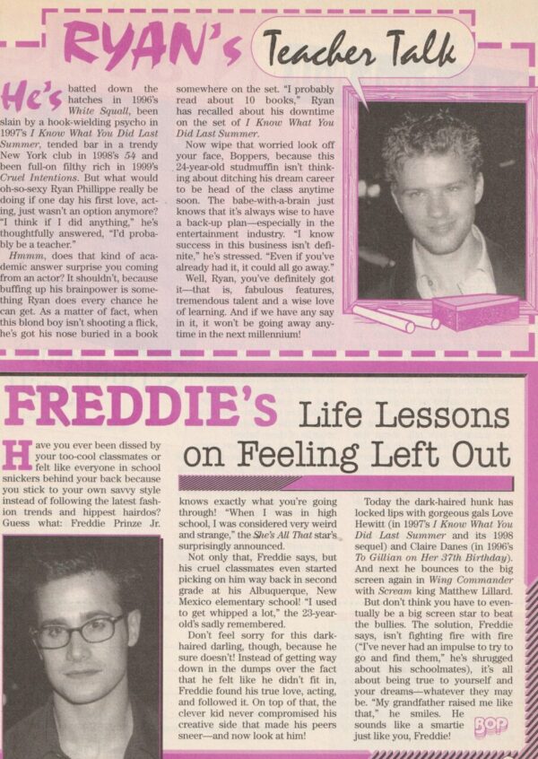 Ryan Phillippe Freddie Prinze Jr. teen magazine pinup clipping Teacher Talk pix