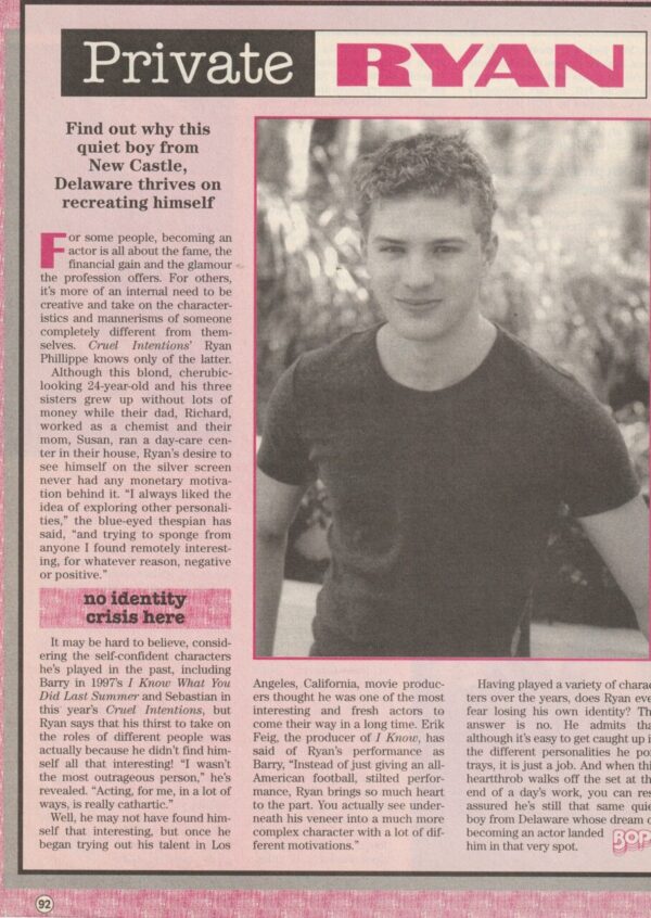 Ryan Phillippe teen magazine pinup clipping Private Ryan Bop actor 90's pix