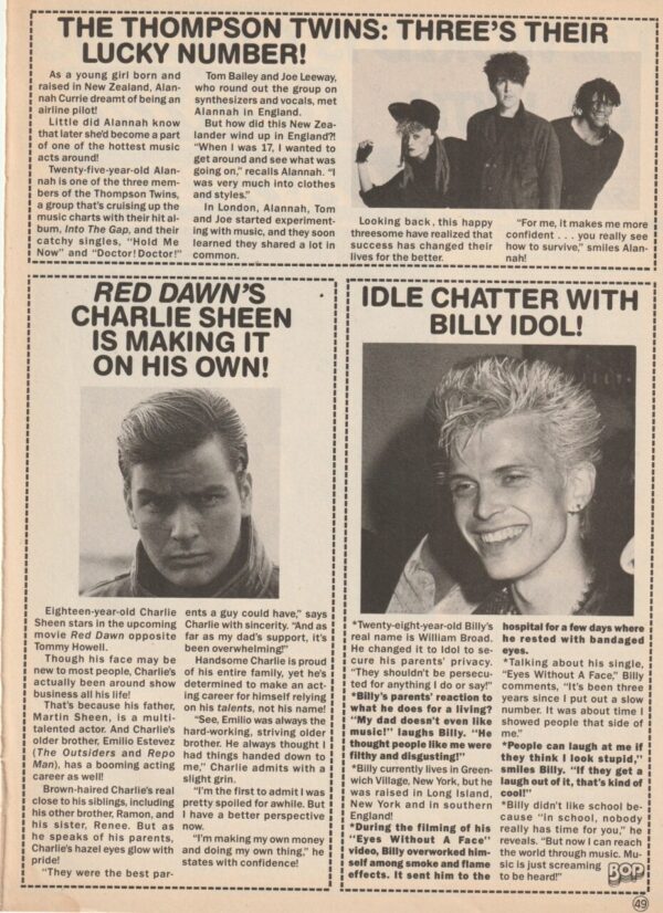 Cyndi Lauper Charlie Sheen Billy Idol Thompson Twins teen magazine clipping The World is catching up with Cyndi - Image 2
