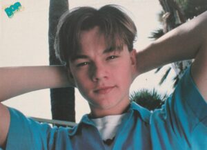 Leonardo Dicaprio Luke Perry teen magazine pinup clipping blue shirt hands on head Bop pix young