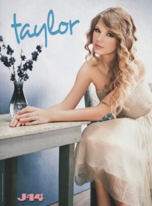 Taylor Swift Selena Gomez teen magazine pinup white dress table J-14 pop star