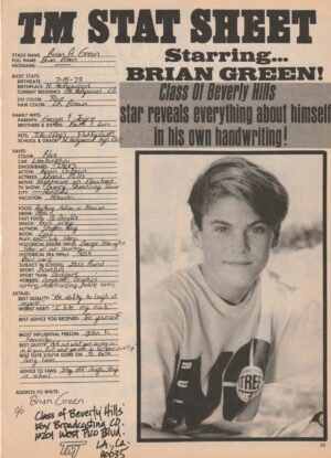 Brian Austin Green teen magazine pinup clipping hand writing Beverly Hills 90210