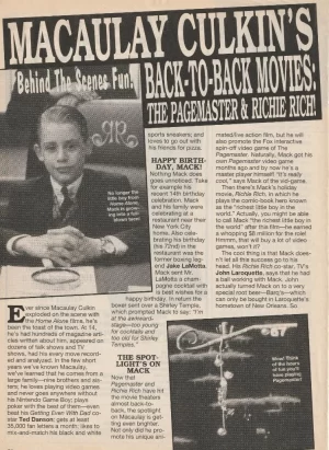 Macaulay Culkin teen magazine pinup clipping Back to the movies Teen Beat pix