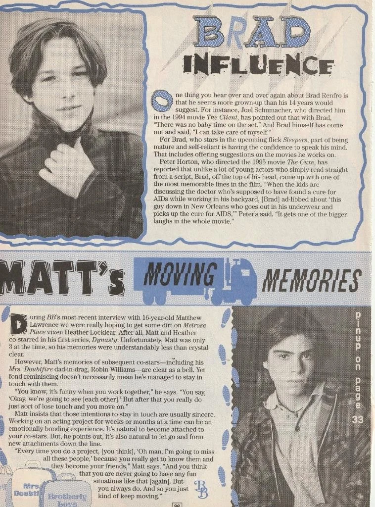 Matthew Lawrence Brad Renfro teen magazine pinup clipping moving memories pix