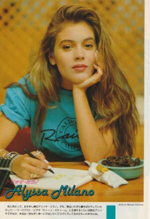 Alyssa Milano Rob Lowe Sylvester Stallone teen magazine pinup clipping writing Japan blue shirt