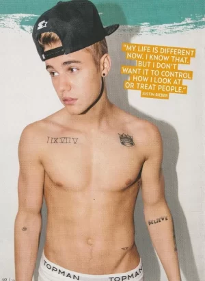 Justin Bieber teen magazine pinup clipping shirtless tattoos 2 sided modeling