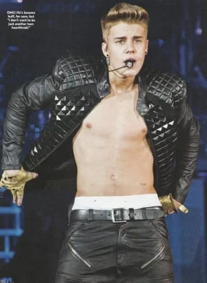 Justin Bieber teen magazine pinup clipping shirtless older leather pants 2 sided