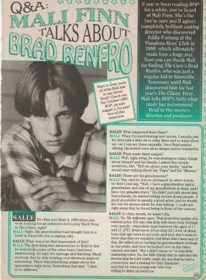 Brad Renfro teen magazine pinup clipping Mali Finn talk about Brad Bop child