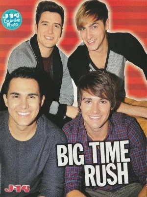 Big Time Rush teen magazine pinup clipping boy band happy faces J-14 photo shoot