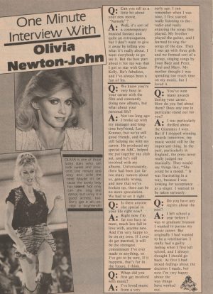 Olivia Newton John teen magazine clipping One Minute Interview Tiger Beat Pix