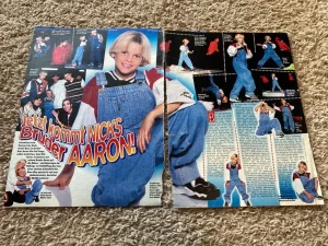 Aaron Carter teen magazine pinup clipping Bravo overalls squatting Nick Carter