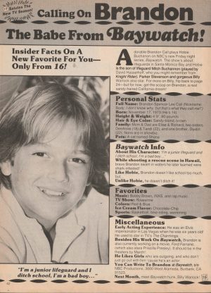 Brandon Call teen magazine pinup clipping the babe from Baywatch 16 mag 90's