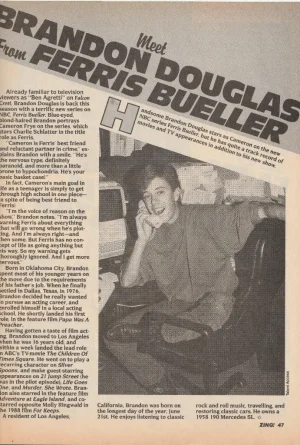 Brandon Douglas William Jayne teen magazine pinup clipping Ferris Bueller Pix