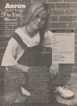 Aaron Carter teen magazine pinup clipping overalls squatting Superteen Young Pix