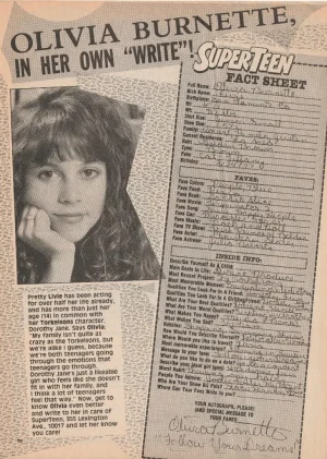 Olivia Burnette teen magazine pinup clipping Torkelsons handwriting Superteen