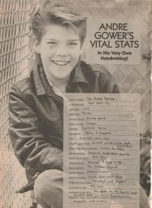 Andre Gower teen magazine pinup clipping handwriting facts rare pix Teen Beat