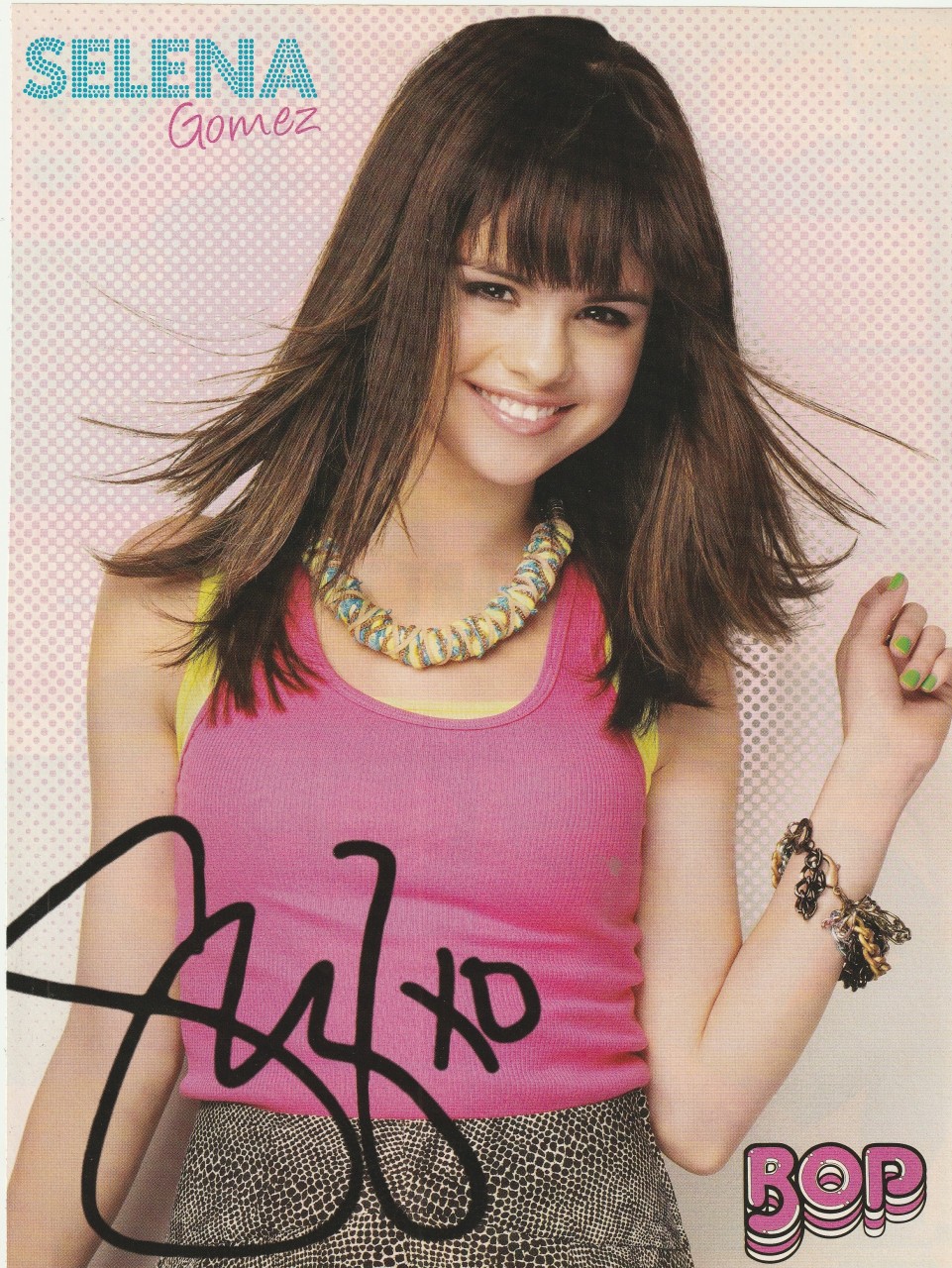Selena Gomez teen magazine pinup clipping cutting pink shirt windy hair Bop Pix