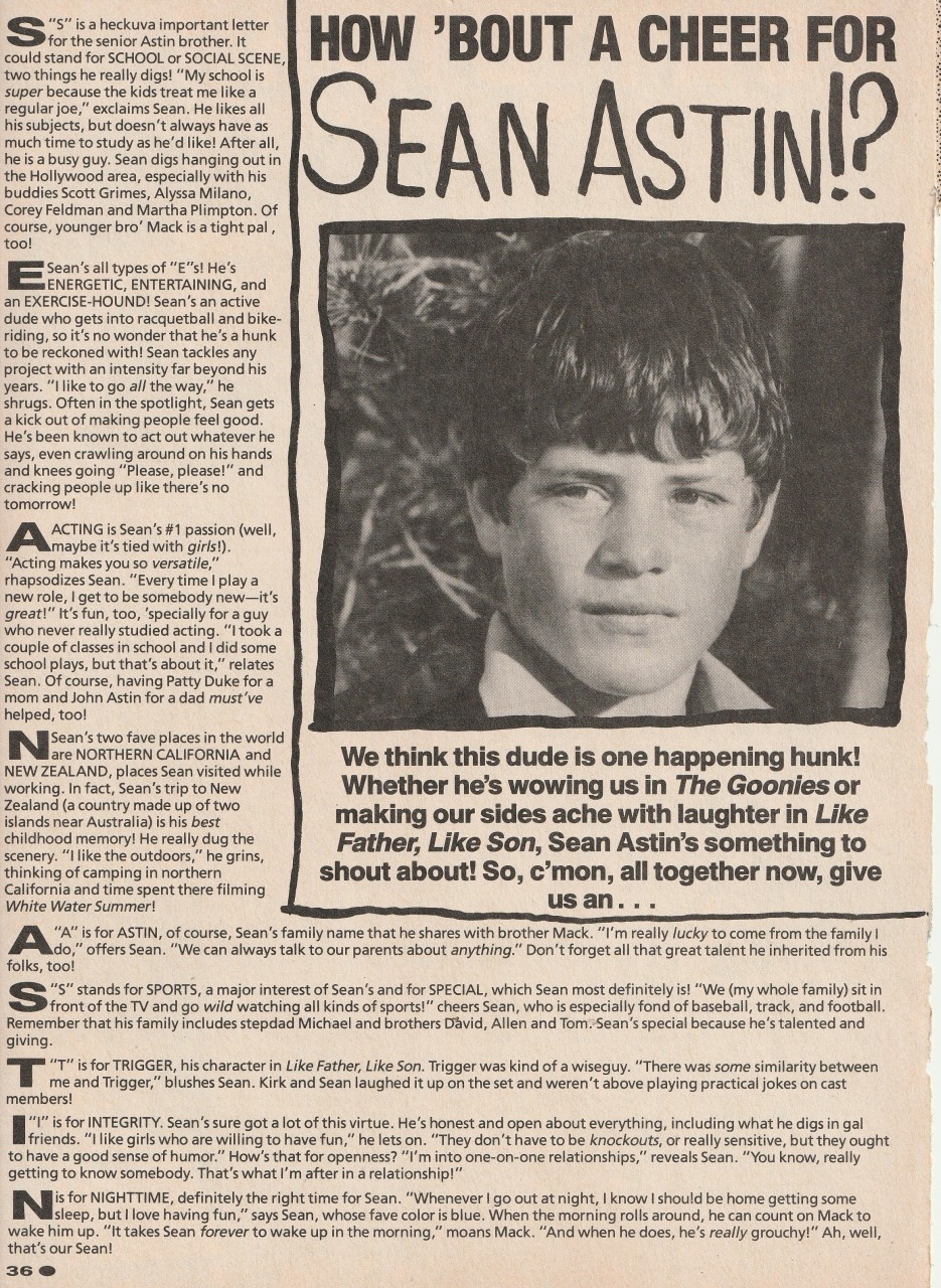 Sean Astin teen magazine pinup clipping Goonies Cheer for Sean Teen Mackine Pix